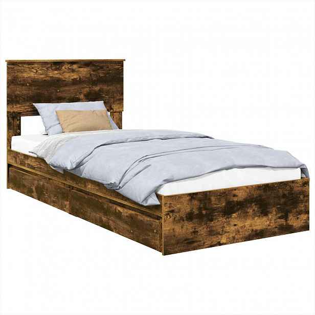 vidaXL Postel s úložným prostorem se zásuvkou Kouřový dub 90 x 190 cm
