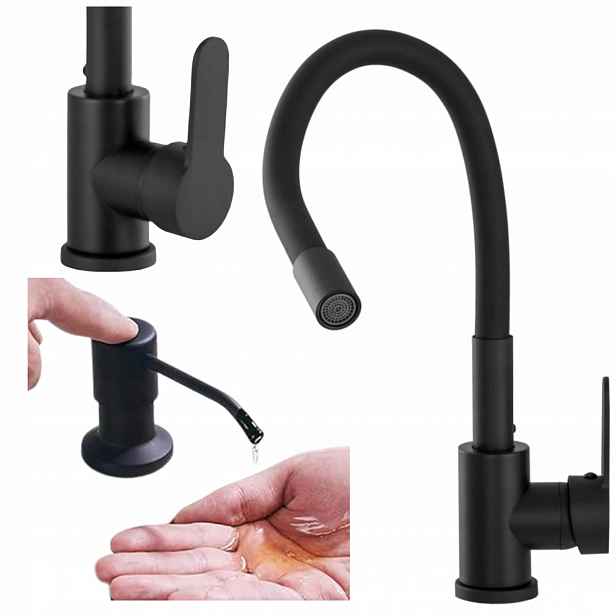 Kuchyňská baterie Flex černá s flexibilním výtokem Dávkovač na tekutinu