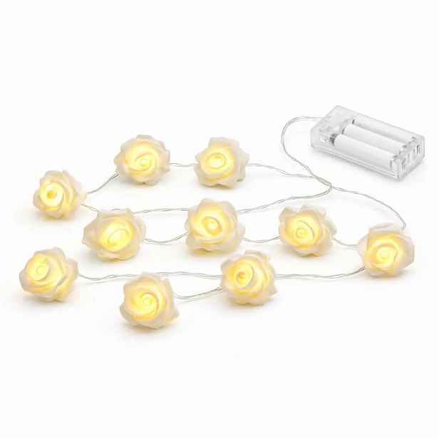 LED světýlka na baterie, růžičky, 1,8 m, teple bílá, 10 diod, čirý kabel, IP20 interiér, 2× AA