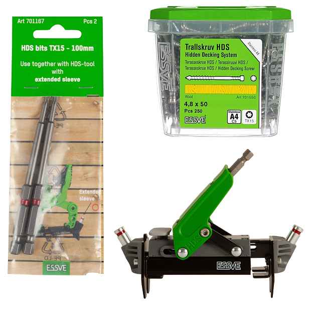 Essve Hds Pro Šroub terasový 4,8x50mm x250 Bity Tx 15x100mm x2+ Nástroj