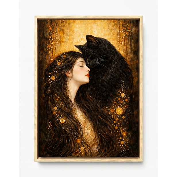 Obraz Rám American Box Portrét Žena Černá Kočka Gustav Klimt Styl 60x80