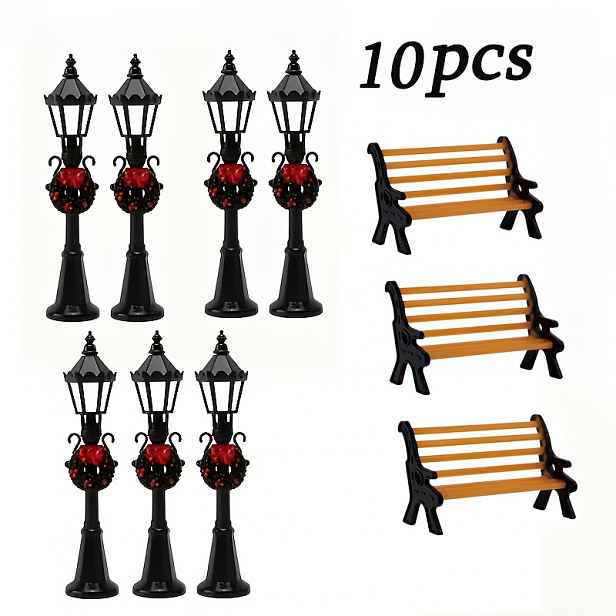 TEMU Sada 10 ks miniaturních retro černých pouličních lamp a laviček s věncem vhodná pro vánoční stolní dekoraci, plastové vintage lampové sloupky a