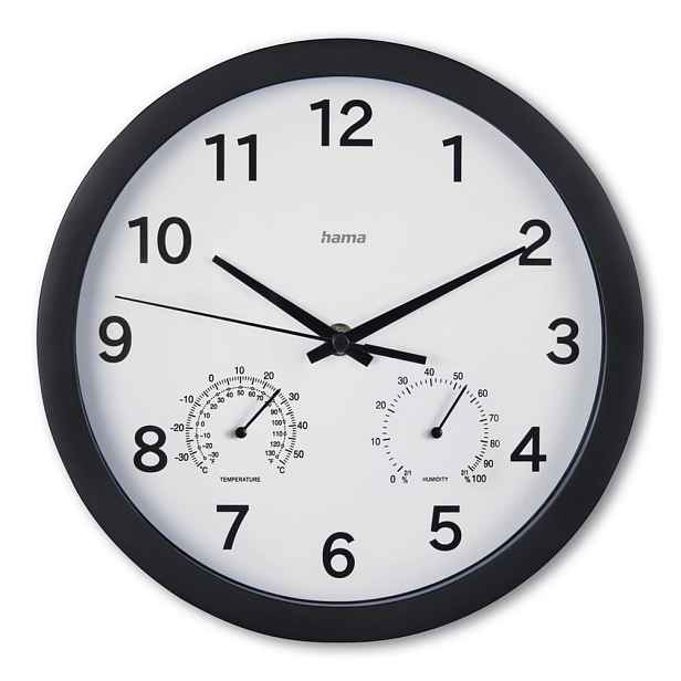 Hama Malta, nástěnné hodiny, 25 cm, tichý chod, teploměr/vlhkoměr, černé