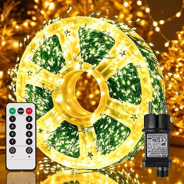 Lampičky Drátky 500 Led 15 M Teplý Bílý Dálkový Ovladač 8 Režimů IP44 Zelený Kabel