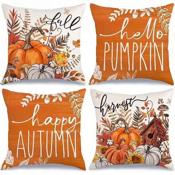 TEMU 4dílná sada podsedáků s podzimními - Hello Pumpkin & Harvest, vyrobeno z oranžové polyesterové tkaniny, se zipem pro snadnou údržbu, perfektní