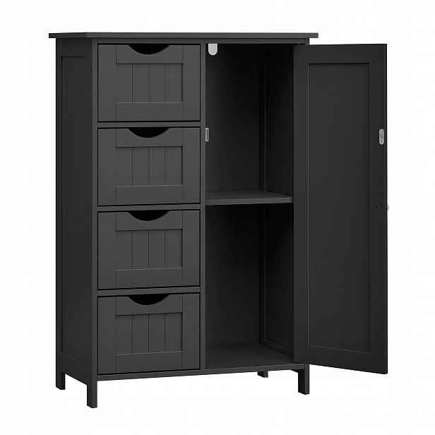 Černá koupelnová skříňka se 4 zásuvkami a dveřmi 55x82x30 cm stojící 4 zásuvky