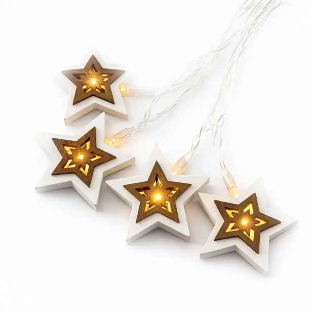 LED světýlka na baterie, dřevěné hvězdičky, 1,8 m, teple bílá, 10 diod, čirý kabel, IP20 interiér, 2 × AA