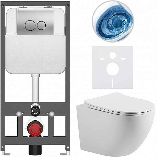 Kompletní WC set Basic/Cesso - bílá matná - WC tlačítko Dualo/Stříbrná - závěsné - předstěnová instalace - 49x36 cm - 8050BD86163