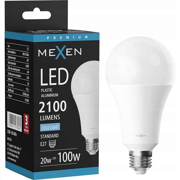 Mexen Nova Led Žárovka E27 A70 20W Studená Bílá 6500K 2100 LM