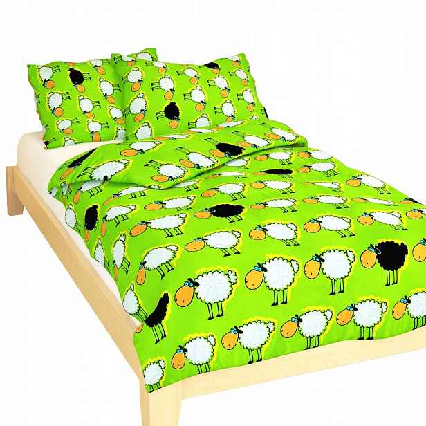 Povlečení krep do postýlky Stádo oveček zelené 90x130, 45x60 cm