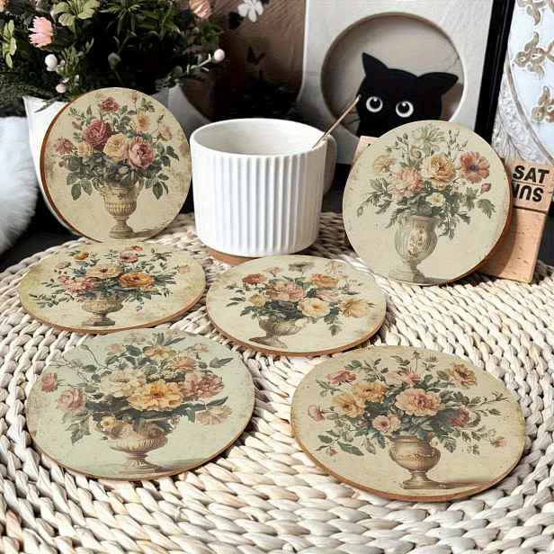 TEMU 6ks Vintage Botanické Podtácky Vhodné pro Konferenční Stolky - Dřevěné Podtácky se Dřevěnou Kresbou a Designem Růže a Vázy, Rustikální Ochranné