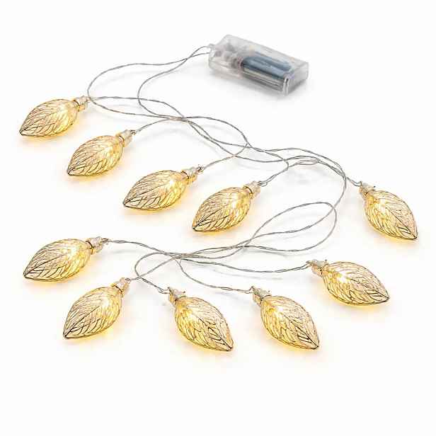 LED světýlka na baterie, kovové lístky, 1,8 m, teple bílá, 10 diod, čirý kabel, IP20 interiér, 2 × AA