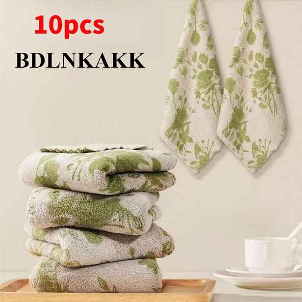 TEMU BDLNKAKK 10 ks Utěrek z korálového fleecu do kuchyně, zelený potisk růží, bezprašné, měkké, silné, opakovaně použitelné hadříky pro domácnost na
