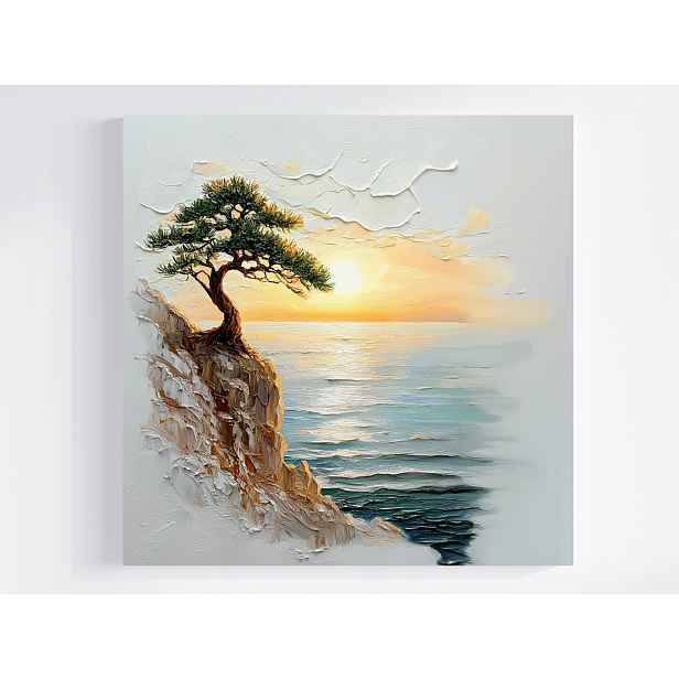 Obraz Na Plátně Canvas Krajina Moře Vlny Útes Strom Slunce Západ 50x50