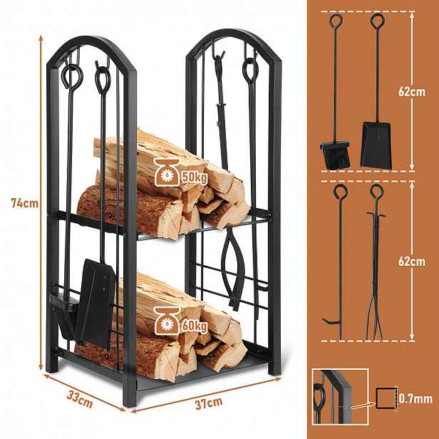 TEMU Stojan na palivové dřevo pro obývací pokoj/krb, sada nářadí pro krb L37xŠ33xV74cm, úkryt na dřevo pro zahradu/venkovní použití, držák na dřevo