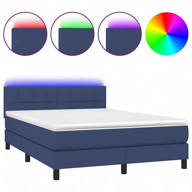 vidaXL Box spring postel s matrací a LED modrá 140x190 cm textil