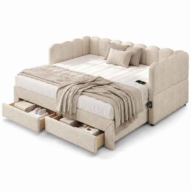 CHICFURN ČALOUNĚNÁ POSTEL 90/190 cm v béžové barvě s výsuvným lůžkem, 2 zásuvkami, USB a Type-C