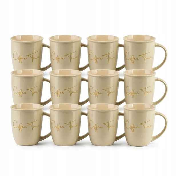 Hrnky s nápisem Coffee Time Sada 12 ks Porcelán 330 ml Světle béžové
