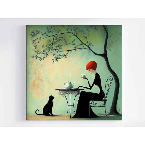 Obraz Na Plátně Canvas Grafika Kavárna Žena Kočka Káva Vintage 50x50