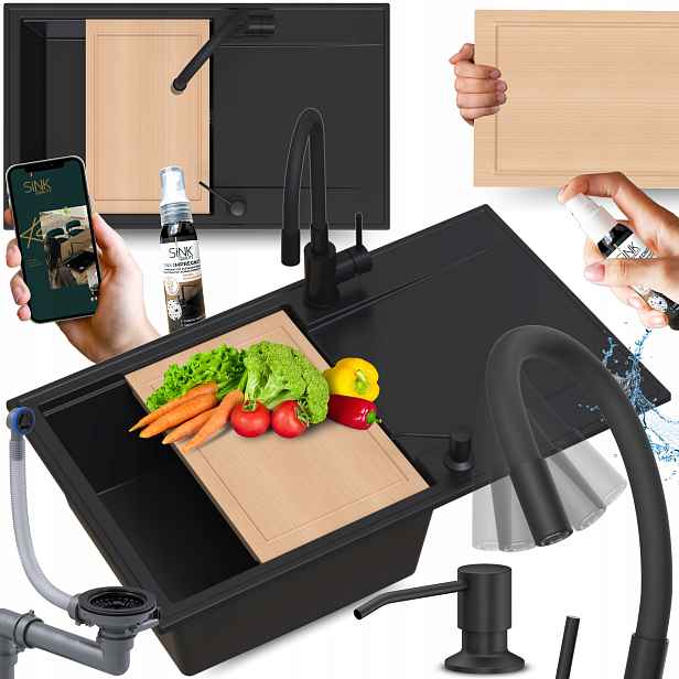 Dřezovák s Deskou a flexibilní baterií Dlouhý černý Granitový Dávkovač