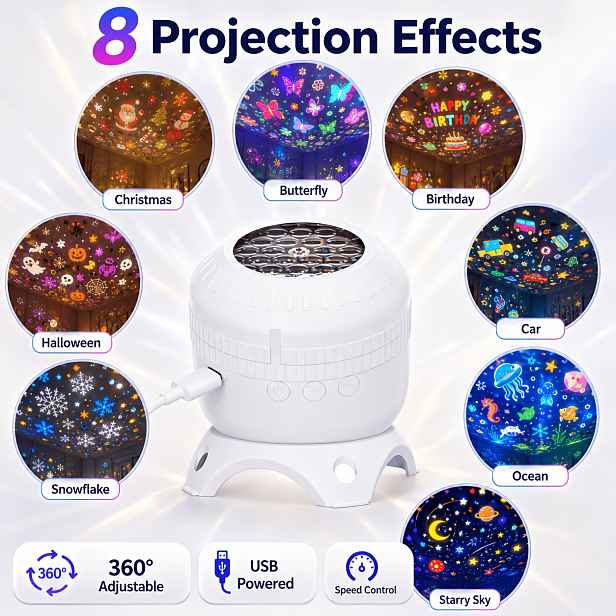 TEMU 8v1 Projekční lampa s osmi dynamickými světelnými efekty Vánoc, Halloween, a Narozeniny. Povoluje 360stupňové nastavení směru, USB napájení a