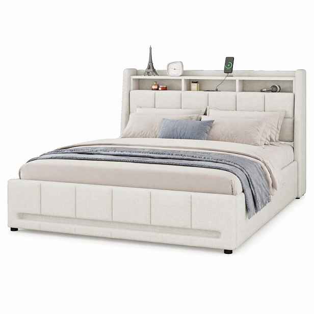 CHICFURN ČALOUNĚNÁ POSTEL 140/200 cm v béžové barvě s LED, USB, úložnými prostory a 2 zásuvkami
