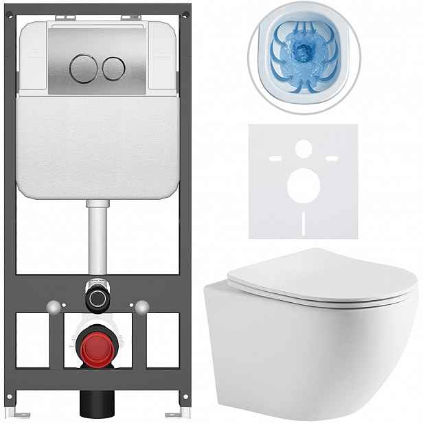Kompletní WC set Basic/Cesso - bílá matná - WC tlačítko Dualo/Stříbrná - závěsné - předstěnová instalace - 49x36 cm - 8050BD86253
