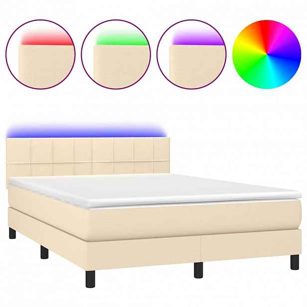 vidaXL Box spring postel s matrací a LED krémová 140x200 cm textil