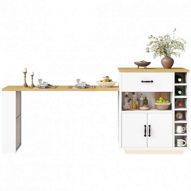 Modfu KUCHYŇSKÝ ostrůvek z MDF 80x95,5x70 cm bílý s výsuvným stolem, 2 zásuvkami a vinotékou