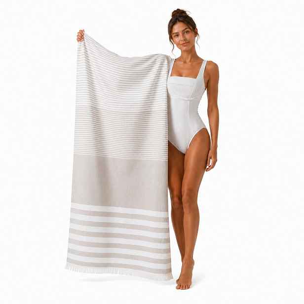 Plážový ručník 100x180 béžový s bavlněnými pruhy fouta Hammam