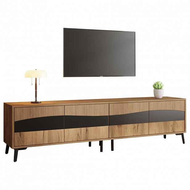 Modfu TELEVIZNÍ stolek z dřevotřísky 180x40x50 cm v přírodní a černé barvě se 4 dvířky a symetrickým designem