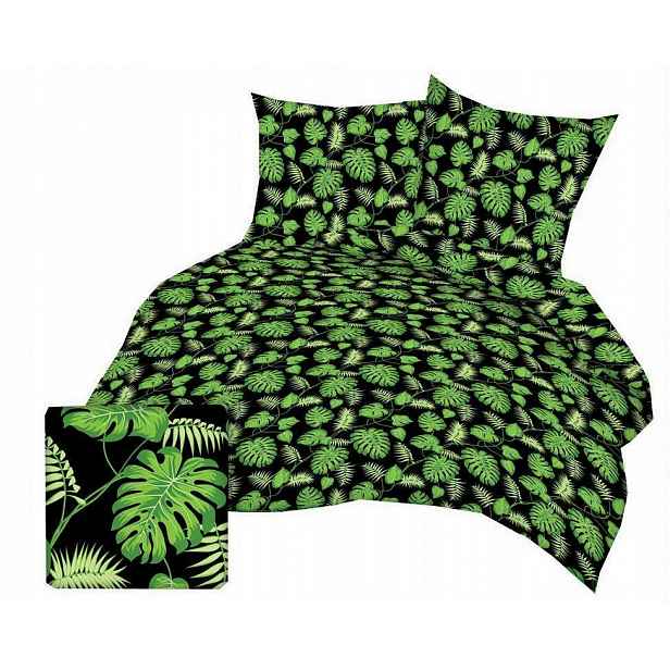 Krepové povlečení 200x220 černé listy zelené větvičky palmy na knoflíky