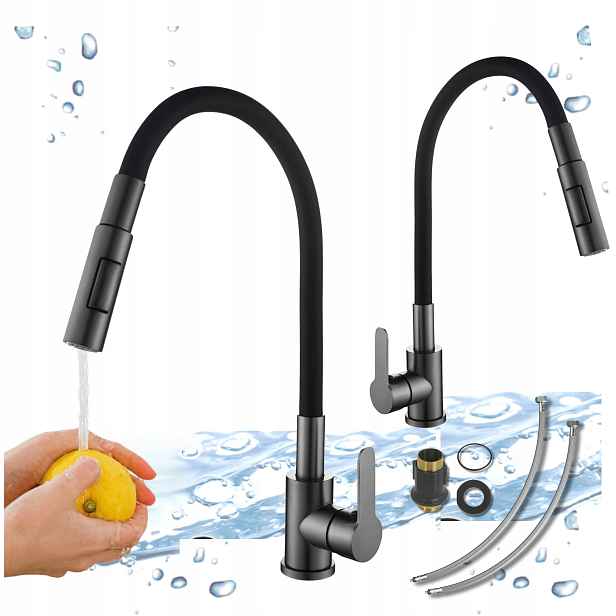 Kuchyňská Baterie Gun Metal Stojící flexibilní dvoufunkční výtok Kohoutek