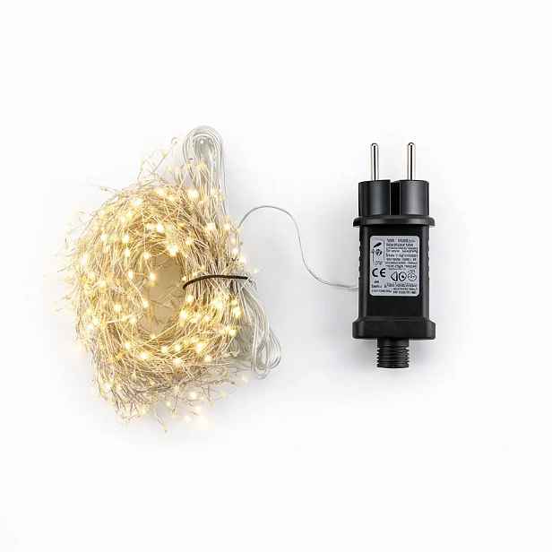 LED světelný řetěz, kapičky na drátku, 3 m, venkovní, teple bílá, 600 diod, stříbrný kabel, IP44, vč. zdroje