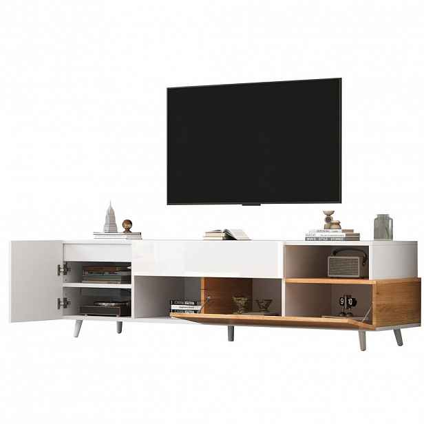 Modfu TV stolek z dřevotřísky 180x38x50 cm bílý/přírodní s vysokým leskem, zásuvkou a úložnými prostory