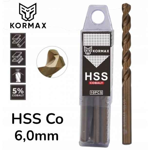 Vrták do kovu 6,0 mm Hss Co5 kobaltový op 10 ks DIN338 Kormax