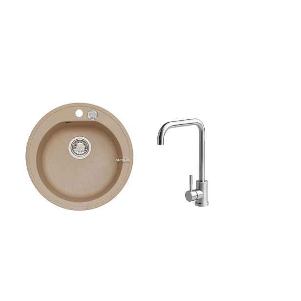 Alveus SET ALVEUS NIAGARA 10- 55+ BATERIE ANGE CHR - kruhový béžový granitový dřez 510x175 mm v setu s baterií