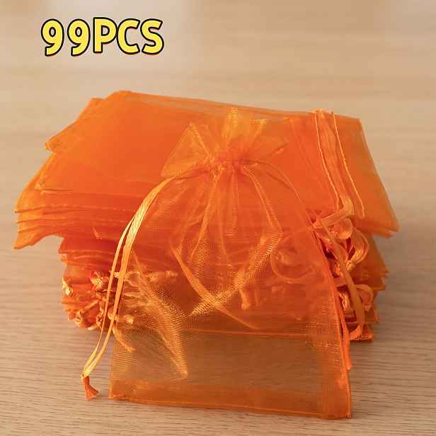 TEMU Dárek pro ni/ 99 ks oranžových organzových dárkových tašek, potřeby pro balení dárků, halloweenské vánoční novoroční sváteční párty barevné