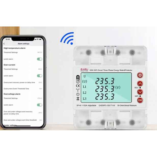 Měřič proudové energie 3 fáze 100A 400V Tuya WiFi Din 2-směrný Pv