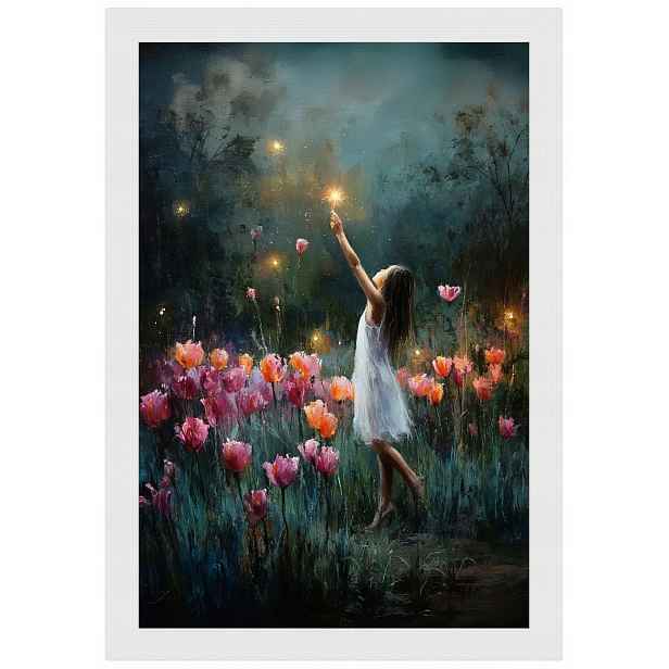 Plakát Rámeček Dřevo Zahrada Noc Večer Květiny Tulipány Hvězdy 40x60