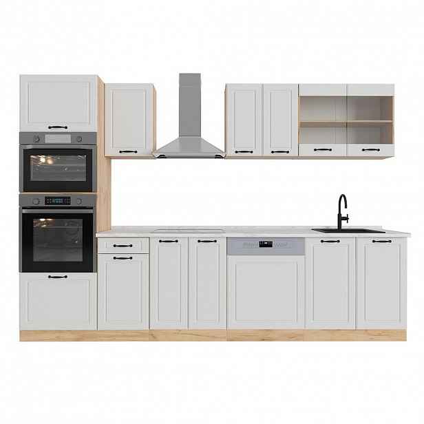 Vicco KUCHYŇSKÝ KOUT R-Line Bílý venkovský dům/zlatý dub 300 cm s vysokou skříní, PD Mramor