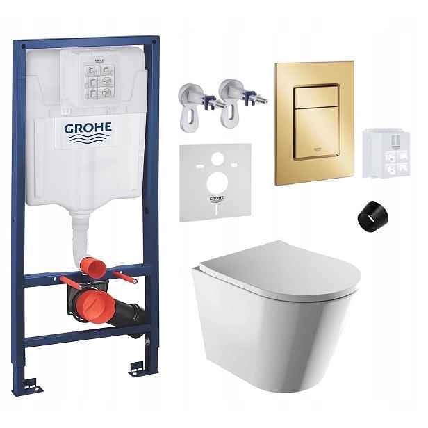 Wc stojan Grohe Rapid Sl s mísou Omnires Rimless a zlatým tlačítkem