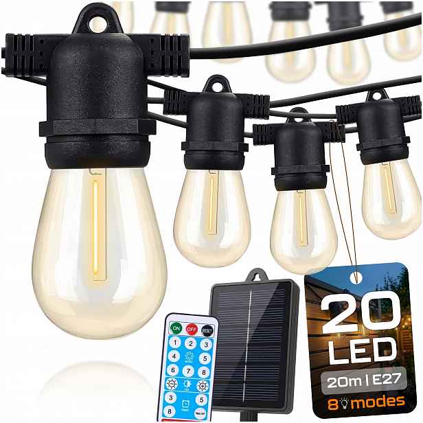 Solární Led Zahradní Světelná Girlanda Lampy 20M 20+2X Žárovka E27 Ovladač