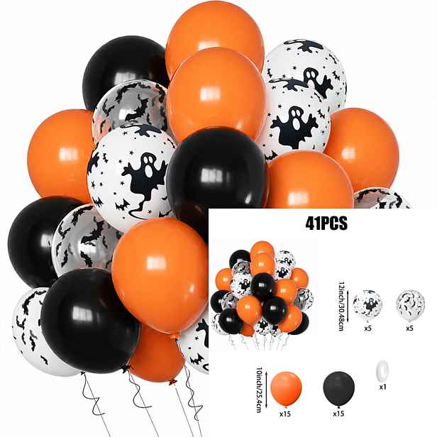 TEMU Sada 41 ks klasických halloweenských balónků na párty, matné oranžové a plné černé latexové balónky, bílé balónky, průhledné balónky s potiskem