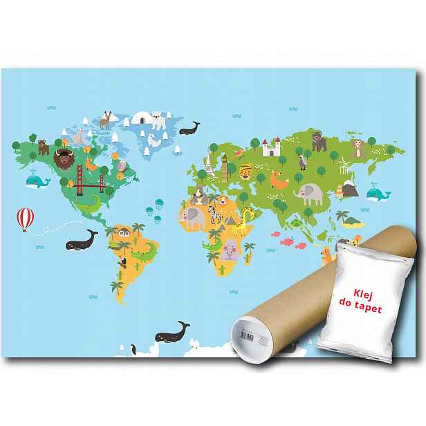 Vinylová Fototapeta Mapa Světa Zvířata 152x104