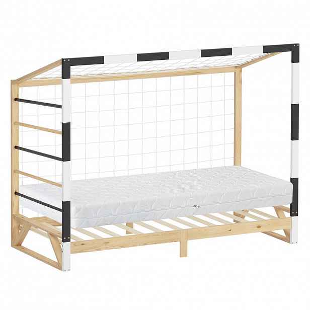 ML-DESIGN DĚTSKÁ POSTEL ve tvaru fotbalové brány s matrací 90 x 200 cm, černobílá, z borového dřeva