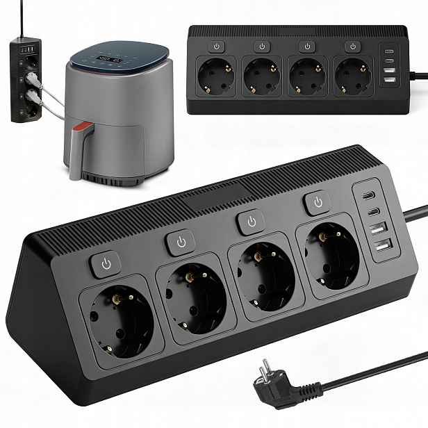 Prodlužovací Kabel Zásuvková Lišta 4 Zásuvky 2 M Usb-a Usb-c Nabíječka