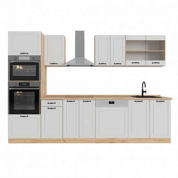 Vicco KUCHYŇSKÝ KOUT R-Line Bílý venkovský dům/zlatý dub 300 cm s vysokou skříní, PD Dub