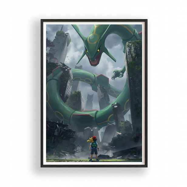 Obraz Pokémon Rayquaza Ash Pikachu Plakát Rámeček Dřevěný Černý 30x42 cm