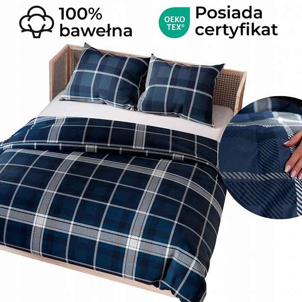 Sada povlečení z saténové bavlny 220x200, tmavě modrá, šedá kostkovaná